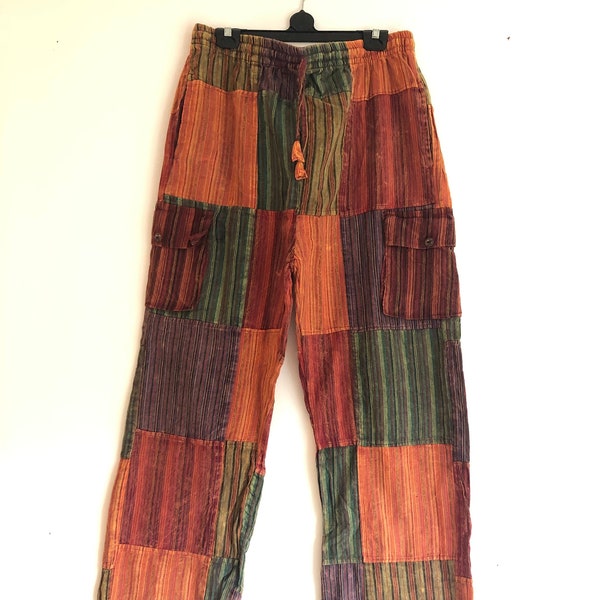 Men, Mid Light Cotton Summer Pants, Patchwork,  Elastic Waist, Loose, Gypsy, Pants ,Trousers, Fair Himalayan Made, Perfect Gift For Him!