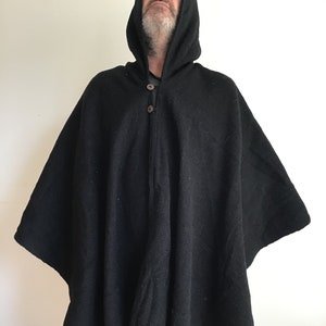 Handwoven Black Wool Poncho Cape: South American Unisex Cloak