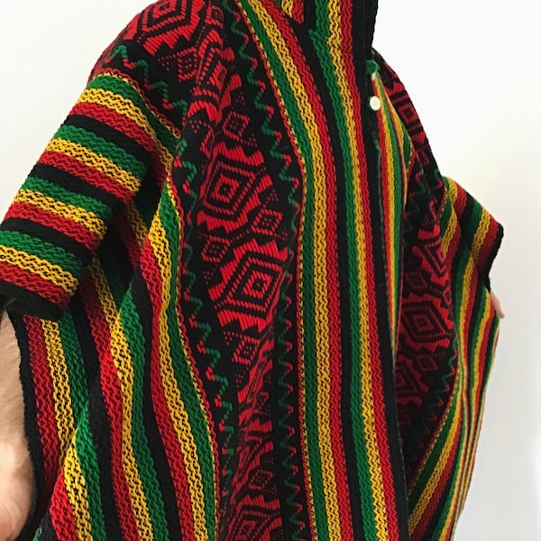 Rasta, Rayé, Laine de MOUTON, Hommes, Unisexe, Original, Amérique du Sud, Tissé à la main, PONCHO, Cape, Manteau, Veste, Commerce équitable, Cadeau parfait