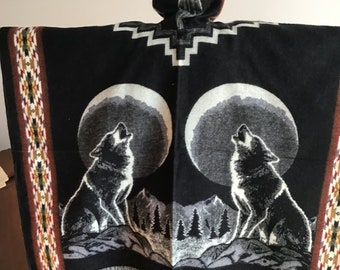 Handwoven Wolf Poncho: South American Boho Hoodie Cape