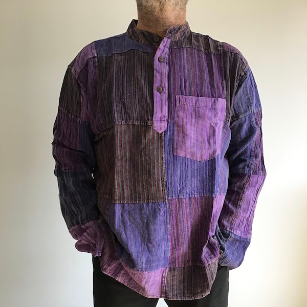 Man- Holiday ,Patchwork ,Shirt ,Hippie, Boho,  Festival, Collarless Granddad Colorful Top Perfect for him!
