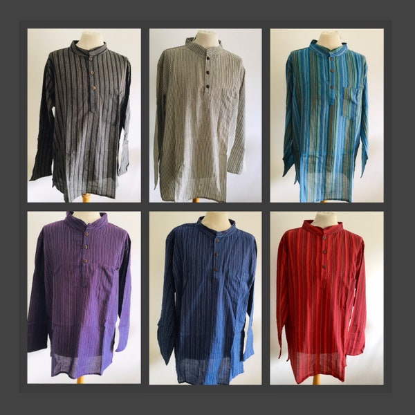 Striped, Light, Soft Cotton, Breathable, Indian Kurta, Button up, long sleeves, Classic, Granddad shirt, Top,  Fair trade, Perfect Gift