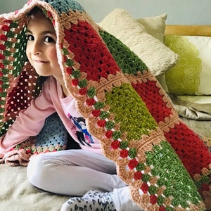 Handmade Multicolour Granny Square Crochet Blanket: Soft Wool Throw (50x38&quot;)