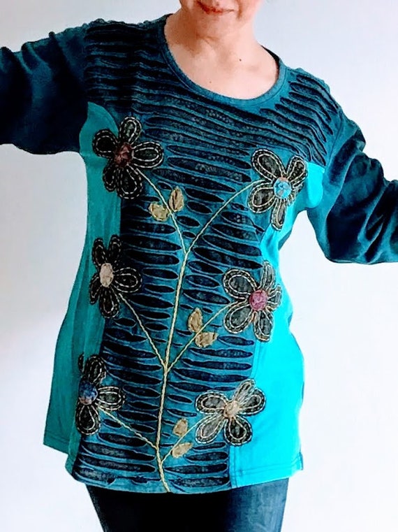 Women Long Sleeve O Neck Flower Embroidered Vintage Women Long Sleeve O Neck Flower Embroidered Vintage