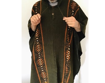 Olive Green, Wool, Mens, Unisex, Original ,South American, Handwoven, Poncho ,Cape, Coat, Jacket, Fair trade, Perfect Gift
