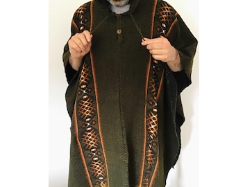 Handgewebter Wollponcho: Olivgrünes südamerikanisches Cape