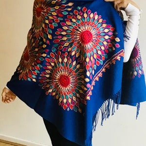 Handmade Cashmere Shawl: Multi-Color Peacock Embroidery, Elegant Wool Scarf