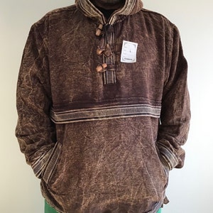 Organic Cotton, Brown, cotton Lining Smock Style ,Heavy Cotton, Stone wash ,Hooded, Jacket, Himalayan Made, Fair trade