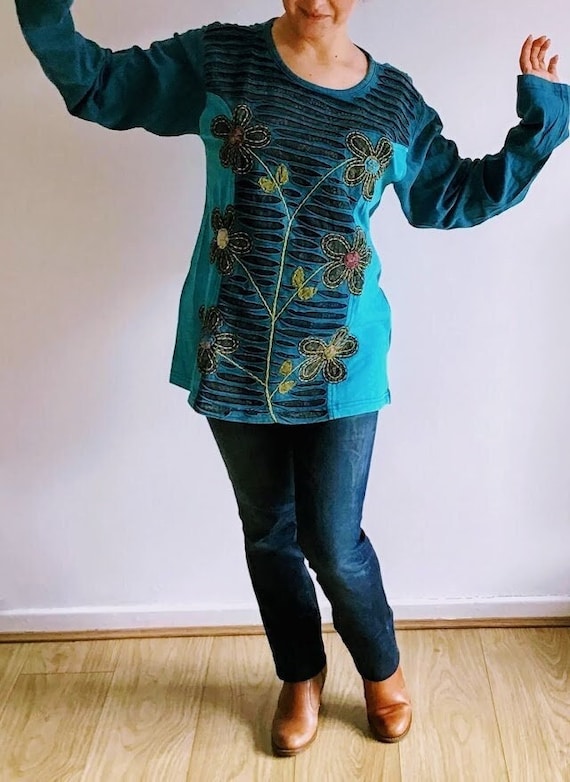 Women Long Sleeve O Neck Flower Embroidered Vintage Women Long Sleeve O Neck Flower Embroidered Vintage