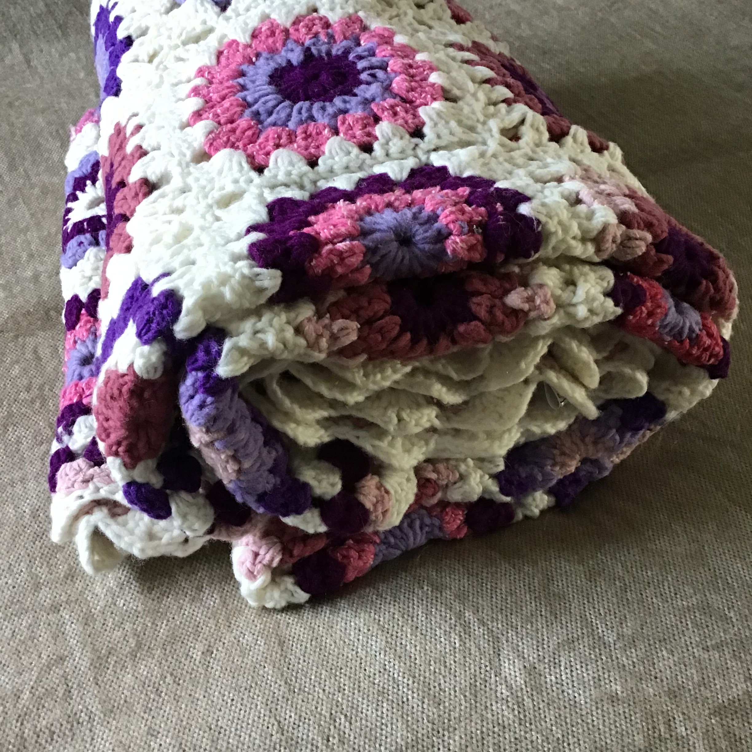 Plaid Fait Main Vintage En Laine - Crochet - Grand 210x160cm - Multicolore