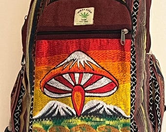 Himalayan Hemp Backpack – Embroidered Mushroom & Mountain Design | Boho Rucksack | Festival Bag | Eco-Friendly