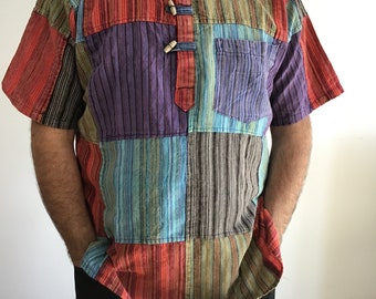 Mens Patchwork Shirt: Handmade Cotton Hippie Grandad Top