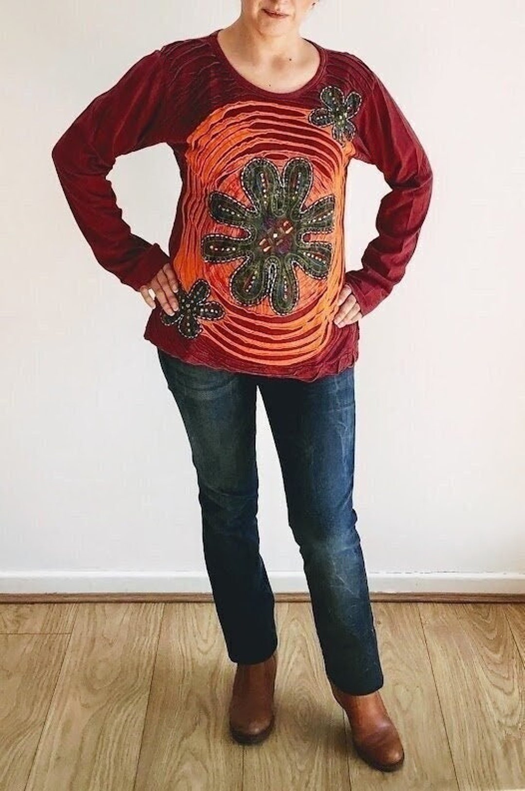 Women Long Sleeve O Neck Flower Embroidered Vintage Women Long Sleeve O Neck Flower Embroidered Vintage