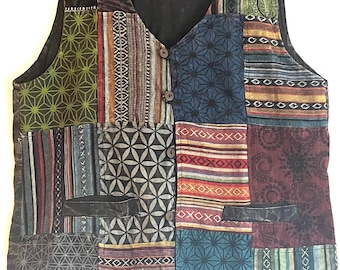 Handmade Patchwork Cotton Men&#39;s Waistcoat: Fair Trade Boho Vest Green