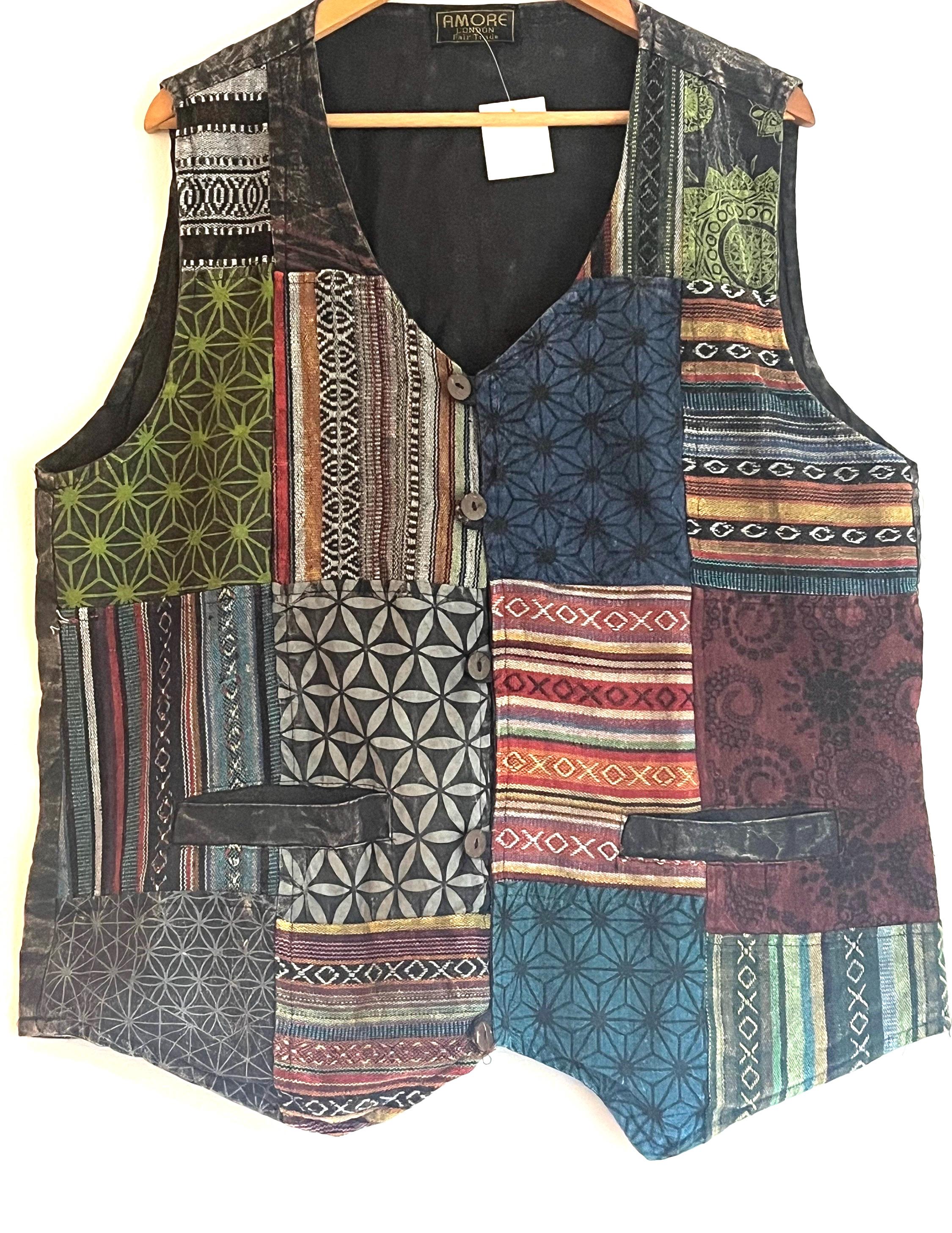 Handmade Patchwork Cotton Men's Waistcoat: Fair Trade Boho Vest Green