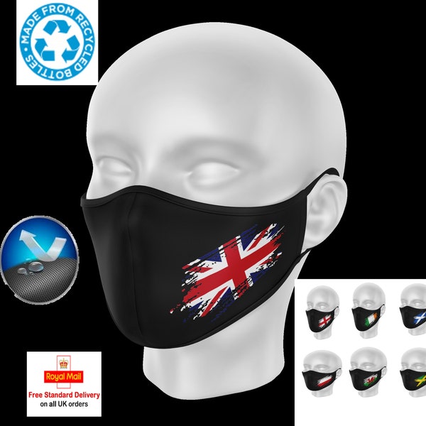 U.K Union Jack Wales Scotland Ireland Country Face Mask Reusable Washable Protective Fluid Repellent Double Layer