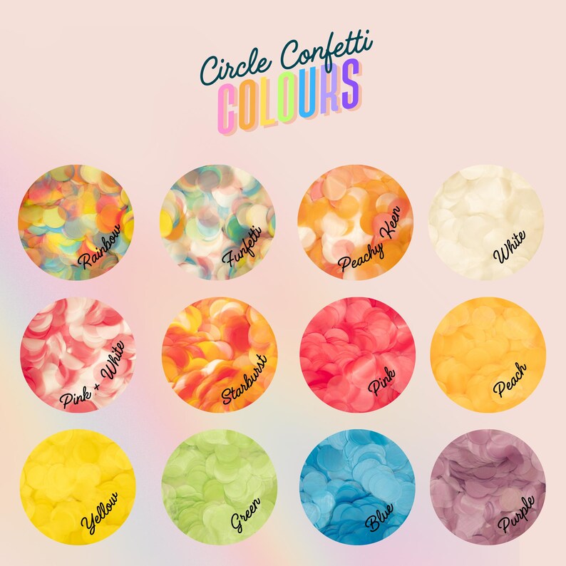 Op de afbeelding: Een afbeelding met kleurrijke confetti in cirkelvormige arrangementen. Elke cirkel toont een andere kleur of kleurencombinatie, waaronder regenboog, roze, geel, groen en blauw. De tekst "Circle Confetti COLOURS" staat bovenaan.