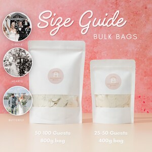 Peut inclure: Sacs blancs de confettis en vrac pour mariages, avec le texte "Size Guide BULK BAGS". Les sacs sont &eacute;tiquet&eacute;s pour 25-50 et 50-100 invit&eacute;s. Les sacs contiennent des confettis en forme de cercles, de coeurs et de papillons.