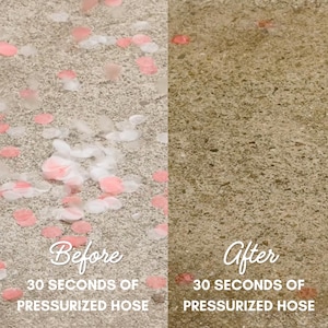 May include: A before-and-after image shows a concrete surface. The left side, labeled "Before," is covered in pink and white petals. The right side, labeled "After," is clean. Text indicates the transformation occurred after 30 seconds of pressurized hose use.