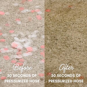 Peut inclure: Image comparative d'une surface en b&eacute;ton avant et apr&egrave;s nettoyage. Le c&ocirc;t&eacute; "Avant" est jonch&eacute; de p&eacute;tales roses et blancs. Le c&ocirc;t&eacute; "Apr&egrave;s" est propre. Le texte indique le processus : "30 secondes de tuyau sous pression."