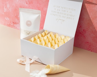 Wedding Confetti Box with Wood Cones | Biodegradable Display Set, Keepsake Cone Holder, Luxury Gift