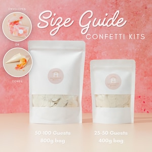 Op de afbeelding: Witte confetti kits in twee maten, zakken van 800g en 400g, met een maattabel. De zakken hebben een doorzichtig venster met de confetti. De tekst luidt "Size Guide Confetti Kits" en "50-100 Guests" en "25-50 Guests".