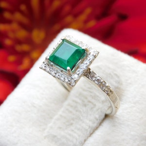 Natural Square Emerald And Diamond Engagement Ring / 14K Gold Women Gift Ring / Anniversary Wedding Gift Ring