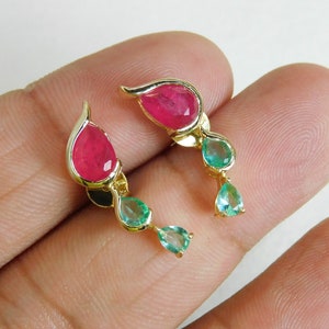 Pear Shape Natural Ruby And Emerald Earrings In 14k Or 18k Solid Gold / Women Gift Earrings /Women  Anniversary Wedding Gift