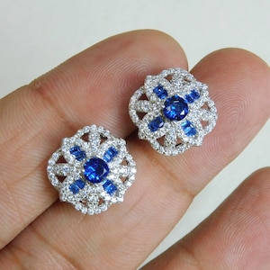 Natural Blue Sapphire And Diamond Stud Earrings / 14k Solid Gold Blue Sapphire Earrings / Daily Wear Sapphire Studs