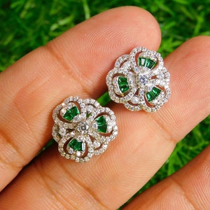 Natural Emerald Baguettes And Diamond Stud Earrings In 14k Solid Gold / Women Gift Emerald Earrings / May Birthstone Earrings