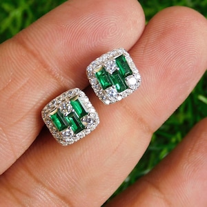 Natural Emerald And Diamond Stud Earrings In 14k Solid Gold  / May Birthstone Stud Earrings / Anniversary Wedding Gift Earrings
