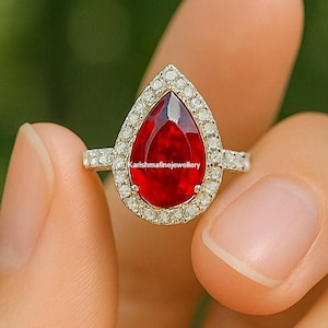 Pear-Shaped Ruby and Diamond Halo Ring – July Birthstone Ring – 14k Rose Gold Engagement Ring – Dainty Red Gemstone Gift for Her