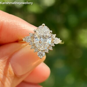 Oval Lab Diamond Cluster Engagement Ring: 14k Yellow Gold Vintage Halo