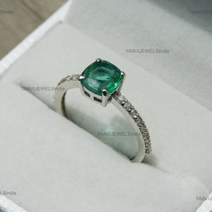 Emerald Cut Natural Zambian Emerald And Diamond Engagement Ring / 18K Gold Genuine May Birthstone Ring