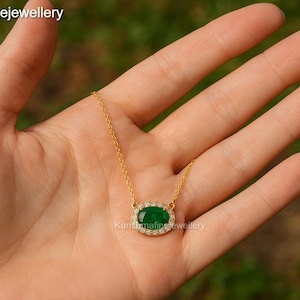 Emerald Oval Pendant Necklace: Diamond Halo, 14k Gold
