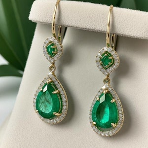 Marquise Natural Emerald And Pear Emerald Dangle Drop Earrings With Diamond / 18k Solid Gold Women Anniversary Gift Earrings