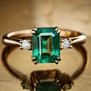 1.10 Carats Natural Emerald Cut Emerald And Diamond Engagement Ring / Women Gift May Birthstone Ring / Christmas Gift Ring