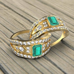 Emerald Cut Natural Emerald And Diamond Engagement Ring / 14k Gold Women Gift May Birthstone Ring / Anniversary Wedding Gift Ring
