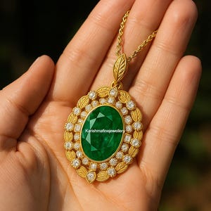 Gold Emerald Pendant • Antique Style Diamond Necklace • Oval Green Stone Gift for Women