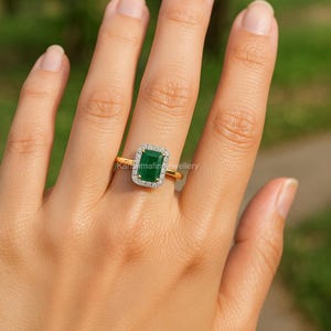 Genuine Natural Timeless Emerald and Diamond Ring in Solid Gold – Classic Rectangular Cut Engagement Ring