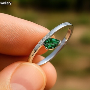 Dainty 14K Gold Pear Emerald and Diamond Ring: May Birthstone