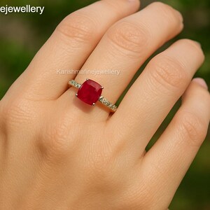 Cushion Ruby Ring: Diamond Accent Solid Gold July Birthstone