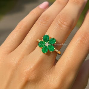 Natural Emerald Flower Ring in 14k and 18k Gold |Emerald Flower Ring Diamond Accents | Handmade Vintage Floral Promise Ring | May Birthstone