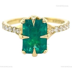 Emerald Cut Natural Emerald And Diamond Engagement Ring / 14k Solid Gold Women Gift Ring / Zambian Emerald Ring