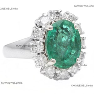 Oval Shape Natural Emerald And Diamond Engagement Ring / 14K Gold Anniversary Wedding Gift Ring / Halo Design Emerald Ring