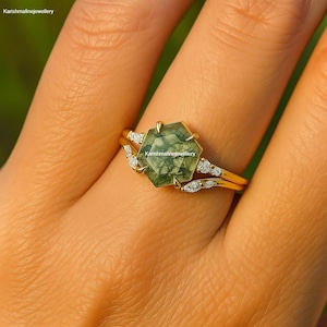 Hexagon Moss Agate Ring Set: 14k Gold, Diamond Accents, Boho Engagement