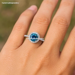 Blue Topaz Halo Ring: 14k Gold Solitaire, Diamond Accents