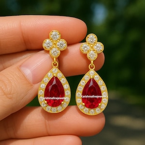 Pear Shape Ruby And Diamond Earrings In 14k Or 18k Solid Gold / Women Gift Earrings /Women  Anniversary Wedding Gift