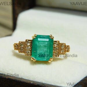 14k Natural Emerald Solitaire Ring - Emerald Dual Band Ring - Emerald Statement Ring For Women - Green Gemstone Ring For Girls, Gift For Her