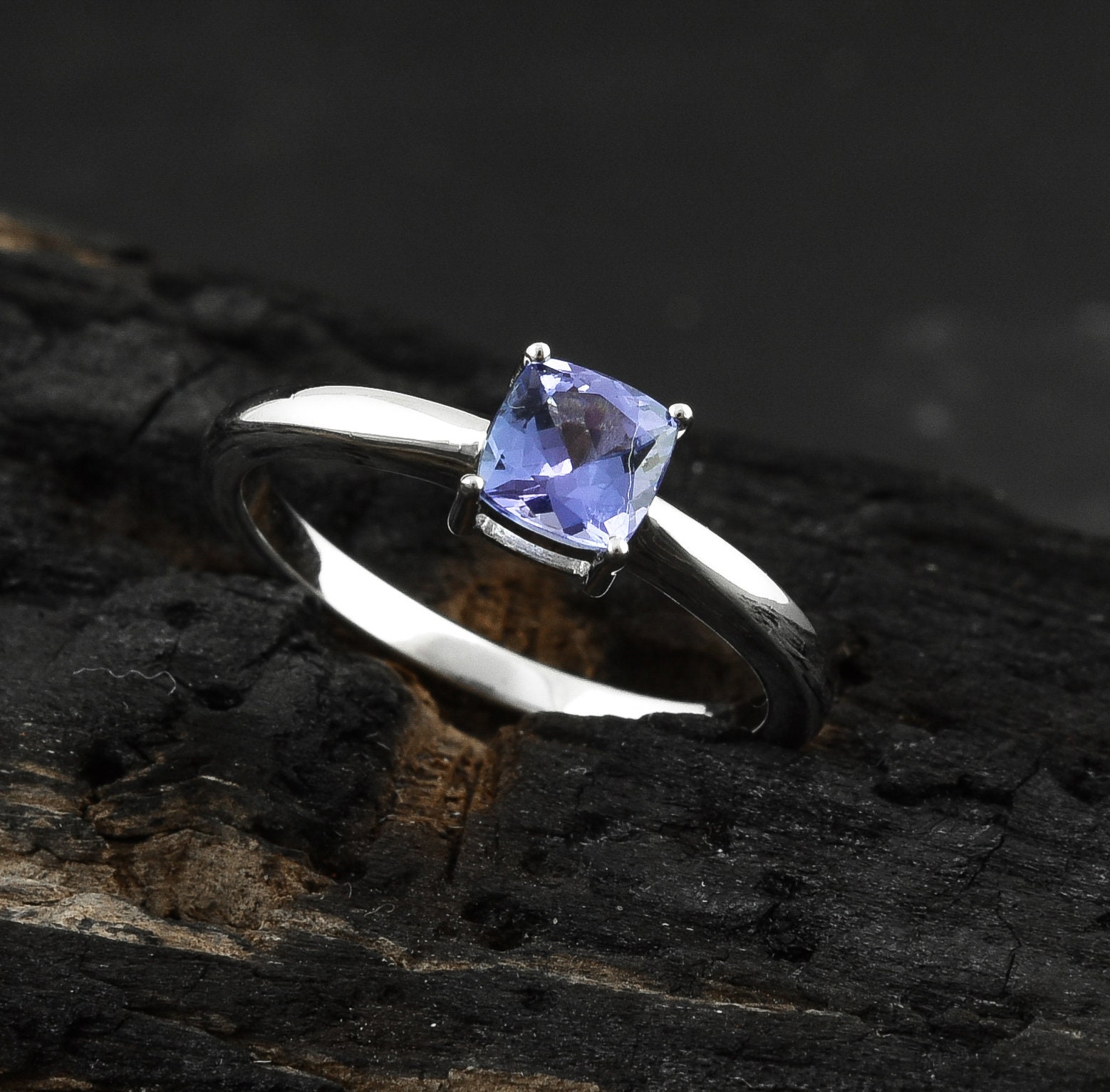 Princess Tanzanite Ring- 14 K White Gold Engagement Ring